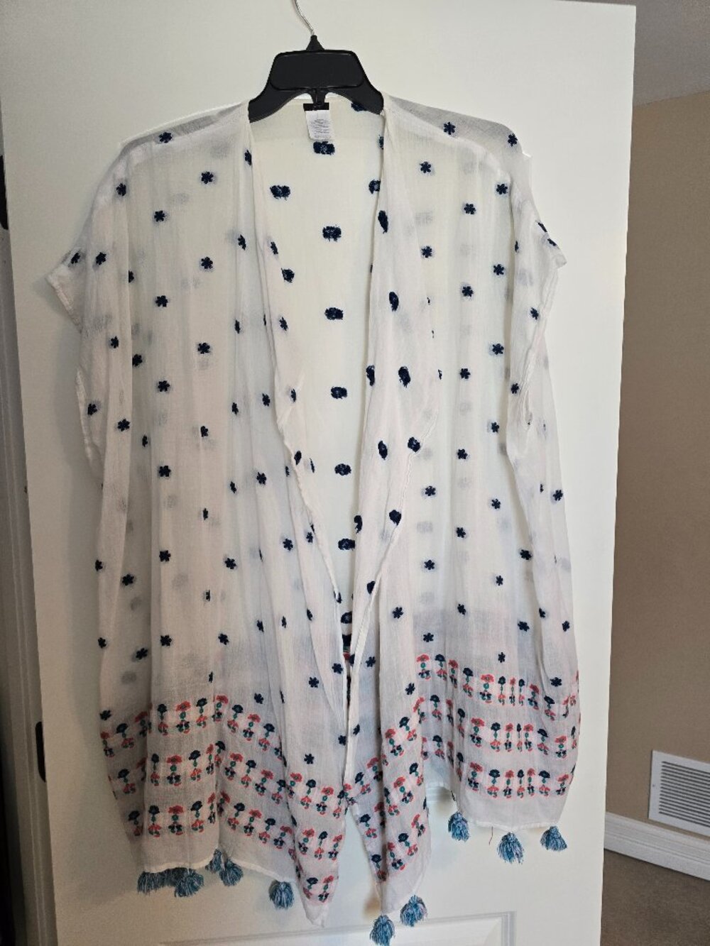 JCrew Embroidered Tassel Kimono Wrap Beach Swimsuit Cover Up Cream Navy Blue